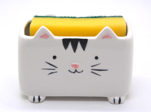 MONMOB Cat Sponge Holder Ceramic Cat Soap Holder Cute Cat Decor Kitchen Accessories