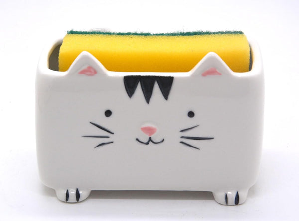 MONMOB Cat Sponge Holder Ceramic Cat Soap Holder Cute Cat Decor Kitchen Accessories
