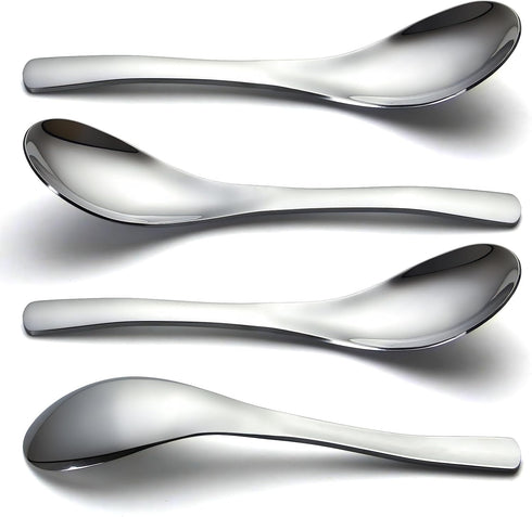 4 Pieces Stainless Steel Asian Soup Spoons, 6.3 Inch Heavy-Weight Short Handle Ramen Spoons