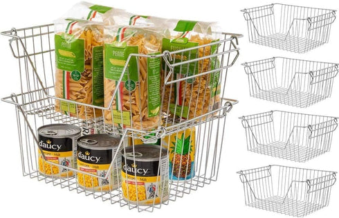 Stackable Wire Metal Baskets, Sturdy Cabinet Organizer for Home, Bathroom, Kitchen, Chrome, 3 Packs