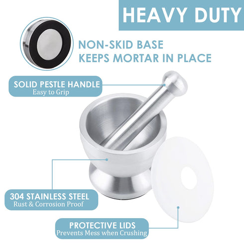 Stainless Steel Mortar and Pestle Set, Heavy Duty Spices Grinder Pill Crusher with Silicone Protective Lid for
