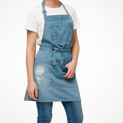 5 Denim Apron With Pockets for Kitchens,Hairstylist Aprons for Women Men,Adjustable Bib Jean Apron for Arts Cafe Work
