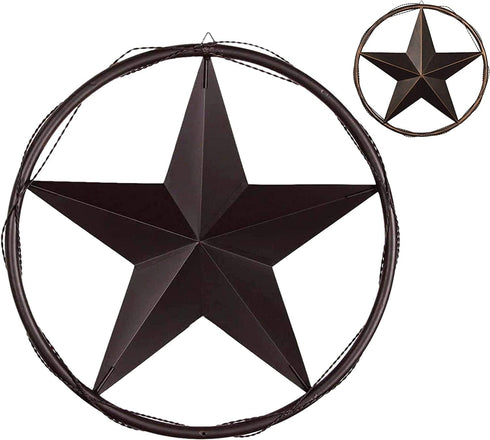 Urbalabs 13 Metal Barn Star Wall Decor, Rustic Texas Lone Star Bronze Brown Finish, Cast Wire Rope Circle Ring for