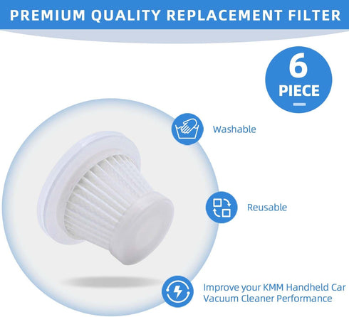 6 Pack HEPA Filter Replacement Compatible with KMM Handheld Car Vacuum Cleaner, Auloea Mini Car Vacuum Cleaner