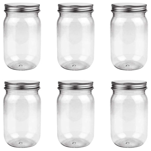 6 Pack 16 Ounce Clear Plastic Mason Jars Containers with Screw Sealing Metal Tinplate Lids, Refillable Empty PET