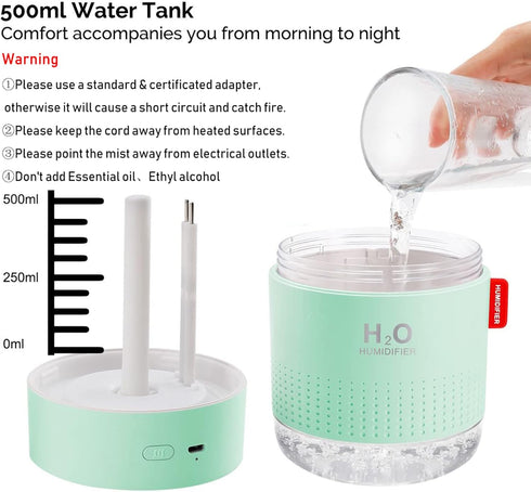 Green Portable Mini Humidifier, 500ml USB Desktop Cool Mist for Baby Bedroom, Travel, Home - Auto Shut-Off