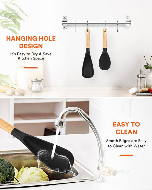 Cooking Spoon and Rice Scooper for Nonstick Cookware, Durable BPA-Free Matte Silicone, Wood Handle Spoon for Mixing,