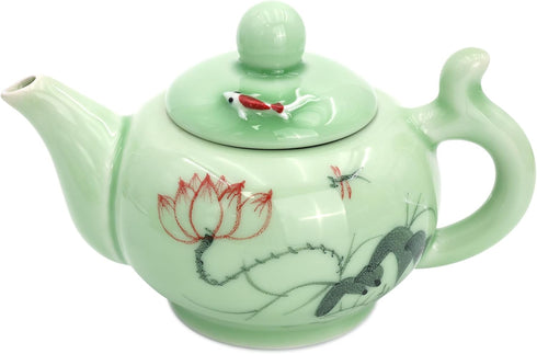 DELIFUR Celadon Handcrafted Porcelain Tea Set, Lotus Theme Tea Pot, Covered Teacup from China