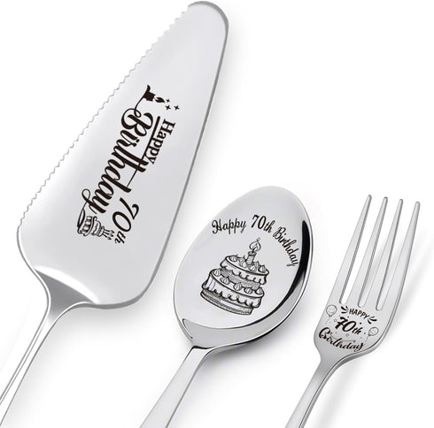 Personalized Happy 70th Birthday Laser-Engraved Stainless Steel Utensil Set - Cake Server, Spoon, Fork