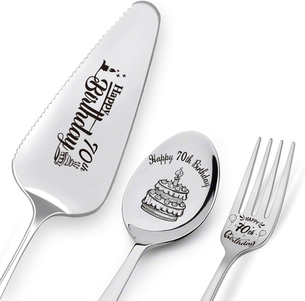 Personalized Happy 70th Birthday Laser-Engraved Stainless Steel Utensil Set - Cake Server, Spoon, Fork