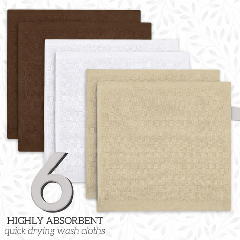12x12 inches 6 Pack, GREEN LIFESTYLE Checker Washcloths Soft, Durable, Highly Absorbent and Luxurious (Beige)