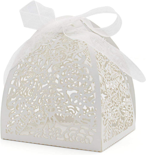 KPOSIYA Pack of 100 Laser Cut Rose Candy Boxes, 2.5"x 2.5"x 3.1", Gift Boxes for Bridal Shower, Birthday Party, Wedding