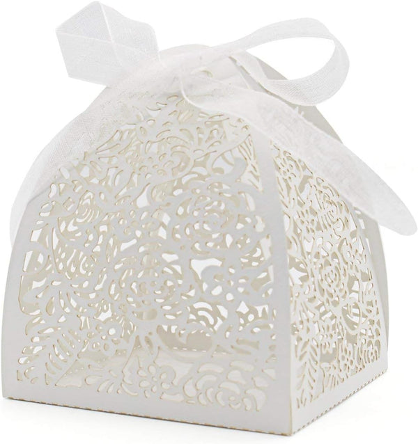 KPOSIYA Pack of 100 Laser Cut Rose Candy Boxes, 2.5"x 2.5"x 3.1", Gift Boxes for Bridal Shower, Birthday Party, Wedding
