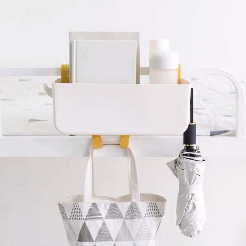 Bedside Hanging Caddy, Plastic Storage Shelf Holder for Phone, Glasses, Office Supplies in Dorm Room, Bathroom (White)