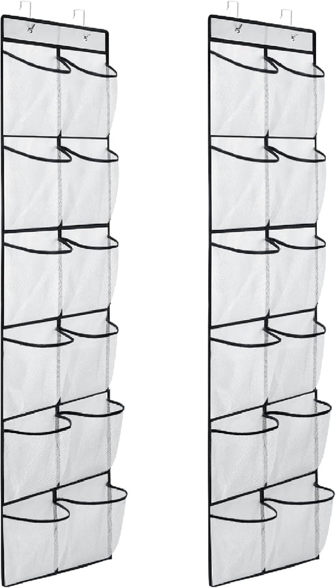 Narrow Over The Door Shoe Organizer, 12 Large Mesh Pockets Hanging Shoe Organizer for Closet, 2 Pack (White)