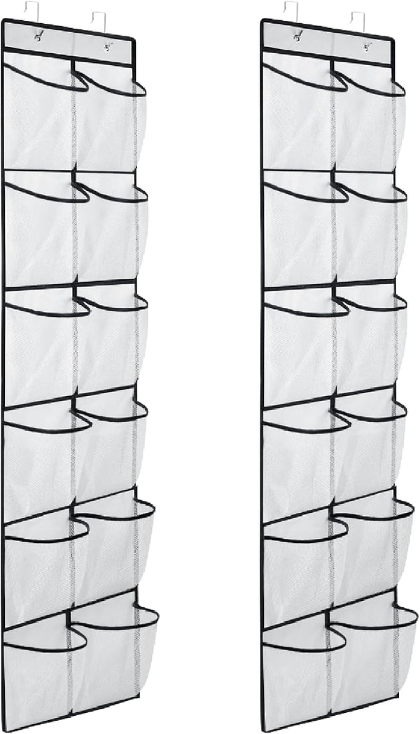 Narrow Over The Door Shoe Organizer, 12 Large Mesh Pockets Hanging Shoe Organizer for Closet, 2 Pack (White)