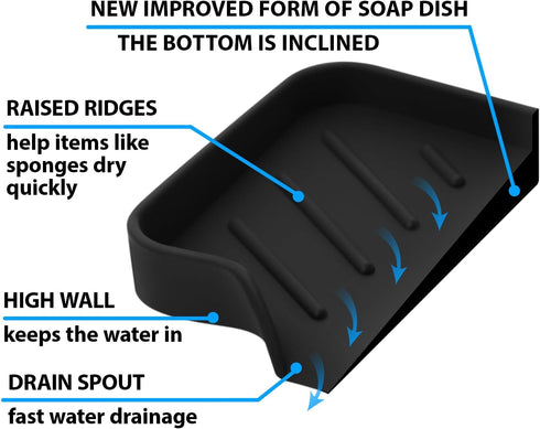 Black Silicone Soap Dish Tray, Self-Draining Holder for Bar Soap, Plastic-Free Soap Dishes for Kitchen Counter