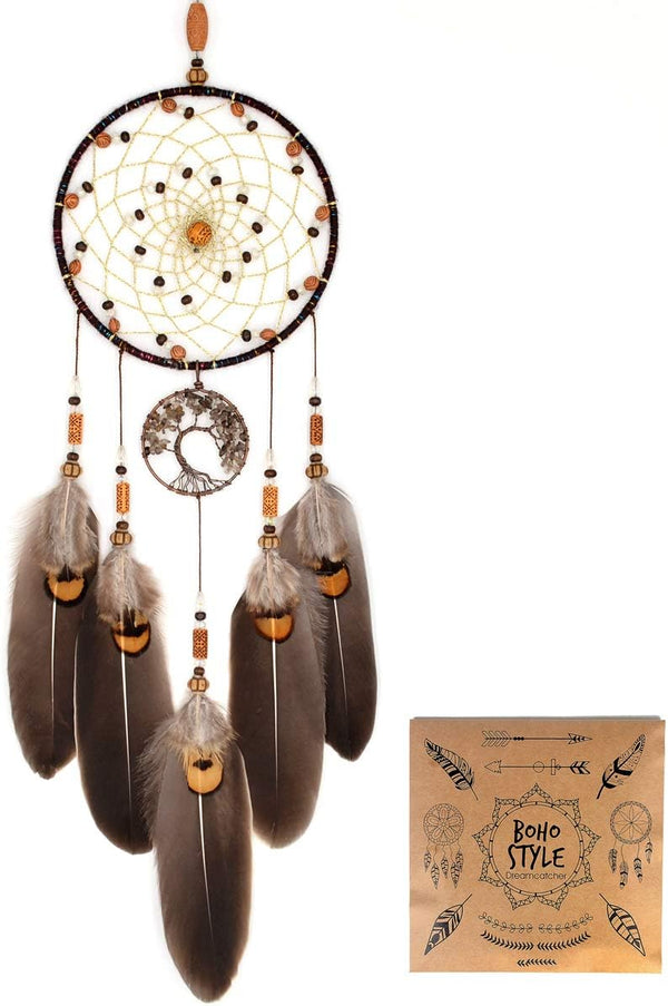 Urdeoms Tree of Life Crystal Dream Catchers for Boys, Brown Boho Wall Decor for Bedroom, Smoky Quartz