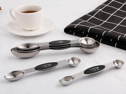 Magnetic Measuring Spoons Set of 5, Stainless Steel Dual Sided Stackable Teaspoon for Dry and Liquid Ingredients