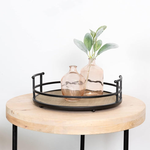 Stratton Home Decor Metal and Wood Round Tray | Wooden Coffee Table Tray Decor for Empty Table Surfaces | Decorative
