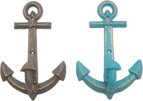Distressed Blue and Green Anchor Wall Hooks, Set of 2, Nautical Decor, Coastal Interior Design, 7.5 Inches
