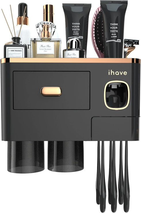 2 iHave Toothbrush Holders Wall Mounted with Toothpaste Dispenser & Cups - Luxury Black and Gold Design for Bathroom