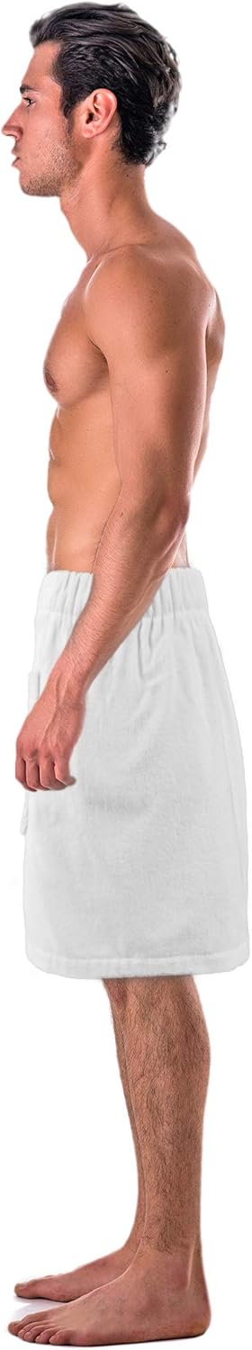 Turkish Cotton Terry Velour Adjustable Body Wrap Towel for Men, White, One Size
