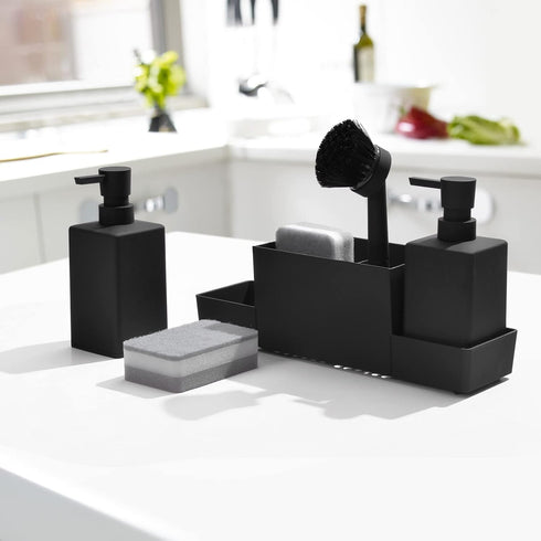 Set Kitchen Soap Dispenser with Sponge Holder for Sink Caddy, Hand Soap and Dish Soap Dispenser with Brush (Black)
