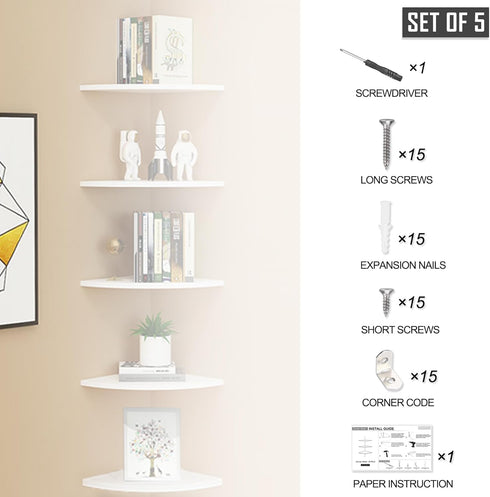 Set 5 of Pieces Corner Mounting Shelf with White, Wood Floating Wall Mounted Storage Shelf for Living Room, Bathroom