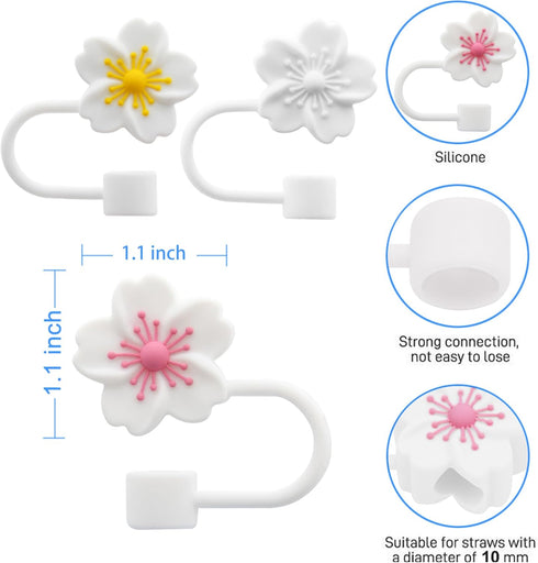 Silicone Straw Cover for 10mm Straws, Cute Cap for Stanley Cup Accessories, 3pcs Sakura Straw Topper for Reusable Straws