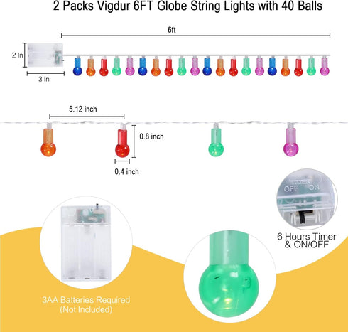 2 Packs 6Ft 40 Bulbs, Vigdur Muiticolor Globe String Lights - Decorative String Lights Battery Operated with Mini Bead