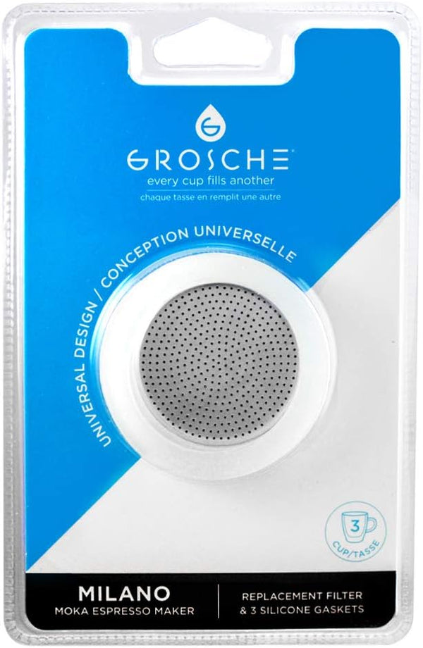 GROSCHE Milano Stovetop Espresso Maker Replacement, 3 Espresso Cup Size Silicone Gasket Seals & Filter Screen Kit