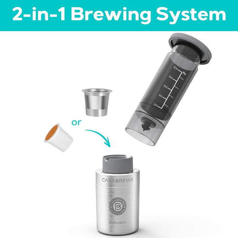 CASABREWS Portable Coffee Maker, 2 in 1 Small Travel Machine for K Cup Pod or Ground Coffee, Quick Press Kit with