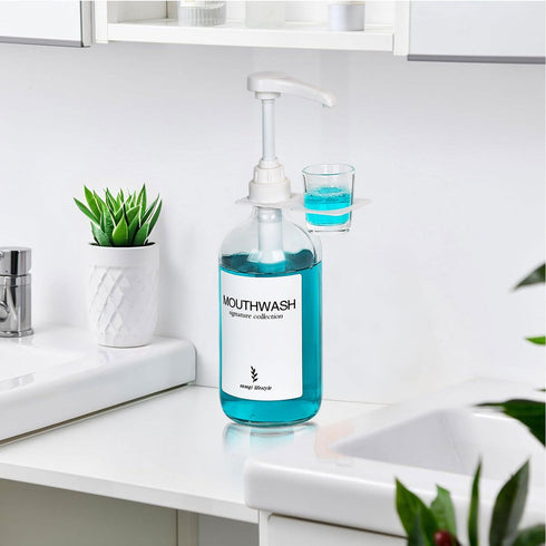 onsogi 16 Oz 1 Pack Glass Mouthwash Dispenser with Cup Holder and Pump, Rustic Boho Mouthwash Dispenser for Bathroom