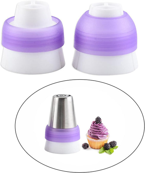 2 Pack Piping Tips, Three-Hole Converter Pastry Bag, Purple Russian Nozzle Decorating Kit for Cupcake Icing