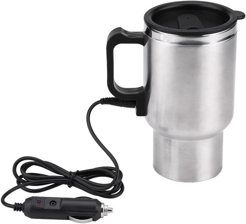 12V Electric Car Cup, 450ml Travel Heating Mug, Stainless Steel Coffee Tea Kettle for 12V Power Source