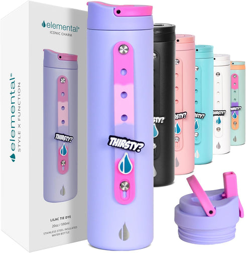 Elemental Iconic Kids Water Bottle, 20oz Triple Insulated Stainless Steel with Straw Lid & Charms Strap, Lilac Tie Dye