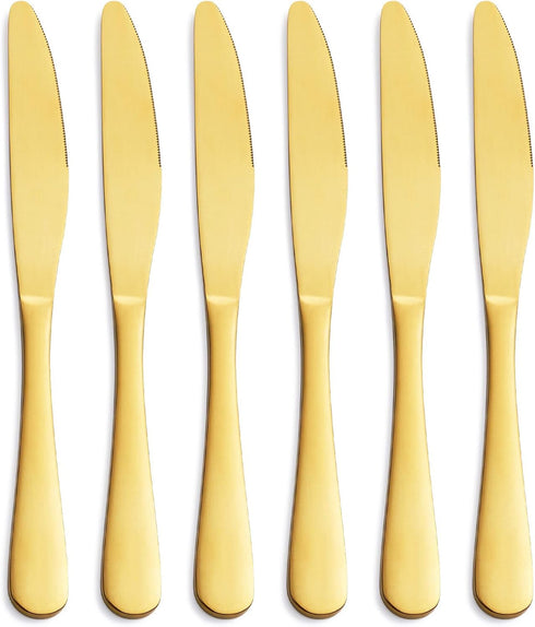 Matte Gold Dinner Knife Set, 9.4-inch Stainless Steel Satin Finish, Set of 6, Dishwasher Safe