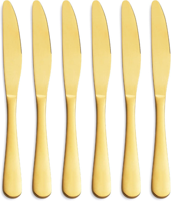 Matte Gold Dinner Knife Set, 9.4-inch Stainless Steel Satin Finish, Set of 6, Dishwasher Safe