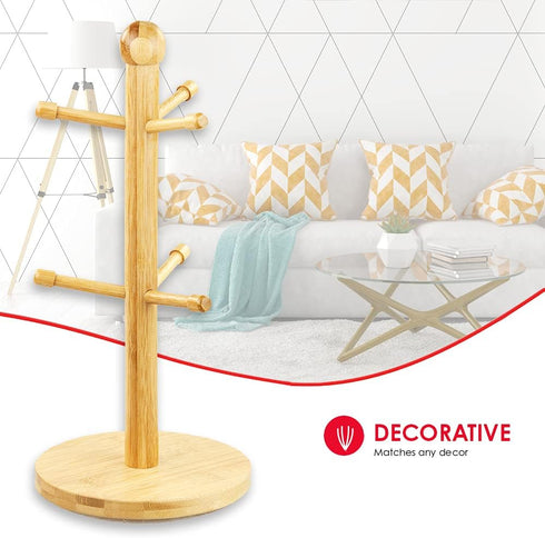 Home Basics Bamboo Mug Tree, Holds Up to 6 Coffee Cups, Free Standing Circular Base for Kitchen Countertop, Beige
