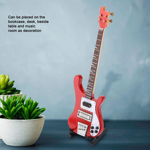 Red Miniature Bass Guitar Wood Replica Model Ornament - Adjustable Stand Mini Art Projects Christmas Gift
