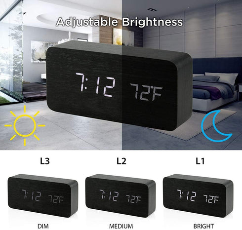 OCT17 Wooden Digital Alarm Clock - Multi-Function Smart Alarm Clock with USB Power Supply, Black