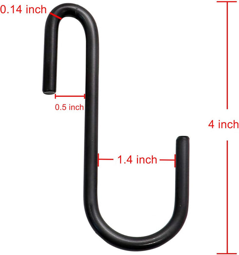 YourGift 20 Pack Heavy Duty S Hooks - 4 Inch Black S Shaped Hooks for Kitchen, Bathroom, Bedroom