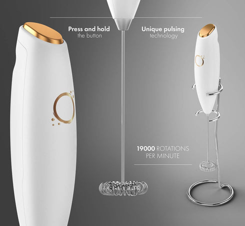 White Milk Frother - Handheld Coffee Frother with Electric Whisk, 19000 rpm, Book Recipes and Stainless Steel Stand