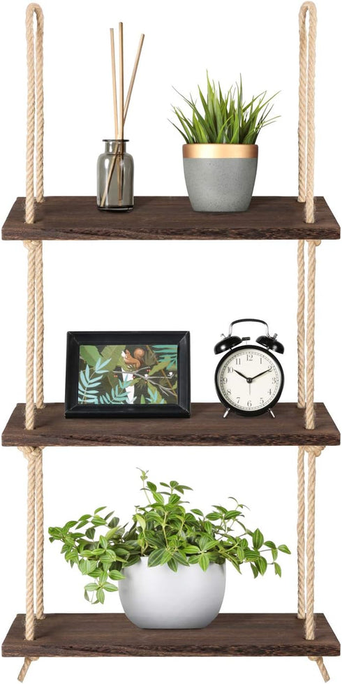 Mkono Hanging Shelves 3 Tier Rustic Wood Floating Wall Shelves Photo Plant
