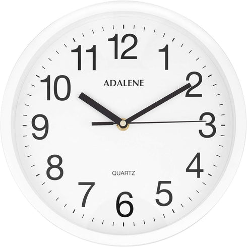 Adalene 10 Inch White Wall Clock, Battery Operated Non Ticking, Completely Silent for Kitchen Office School Bedroom