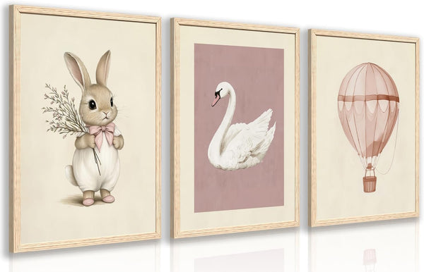 kilamino Pink Baby Girl Nursery Wall Art, Neutral Cute Rabbit and Swan Wall