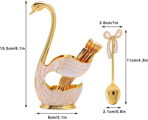 Coffee Dessert Spoon Set, 6PCS Gold Swan Base Holder, Stainless Steel Small Spoons for Ice Cream Cake Coffee