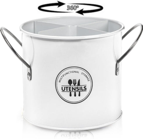 Vintage Farmhouse Utensil Holder, 4 Compartment Metal Cutlery Caddy with Removable Divider, White