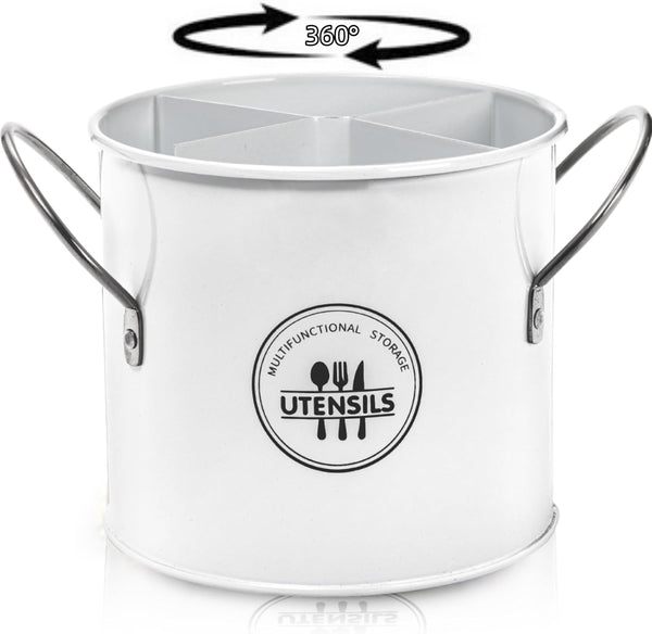 Vintage Farmhouse Utensil Holder, 4 Compartment Metal Cutlery Caddy with Removable Divider, White